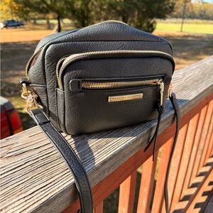 Poppy & Peonies Black Crossbody Bag with Gold Zippers